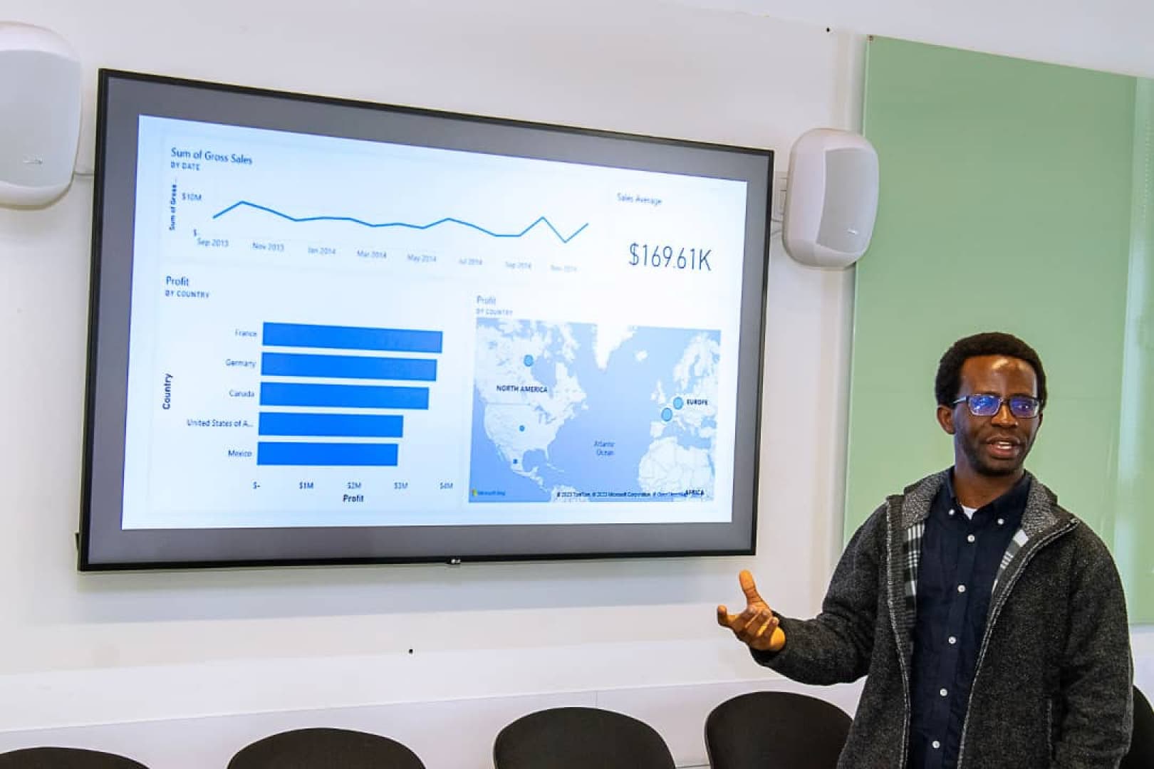 An instructor walking through a Power BI sales dashboard during a live class